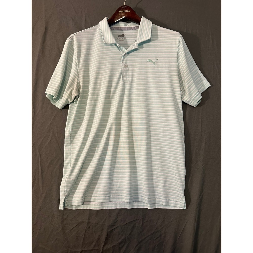 Puma‎ Mens Golf Polo Shirt Mint Green White Striped Short Sleeve Size Medium